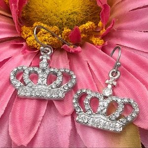 🌼 Crown Rhinestone Princess Silver Tone Dangle Earrings